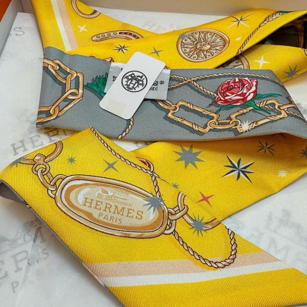 HM Twilly Mini Scarf 105 Yellow Grey Silk Twill 153185