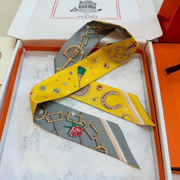 HM Twilly Mini Scarf 105 Yellow Grey Silk Twill 153185