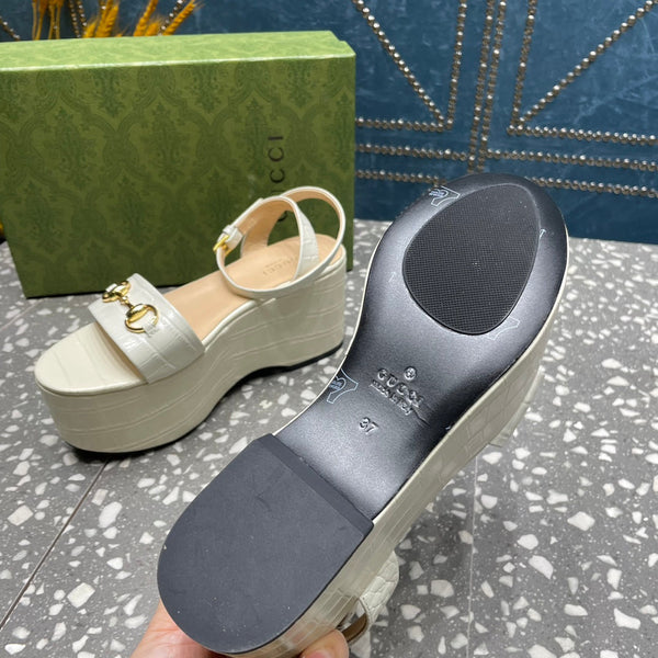 GG HORSEBIT FLATFORM SANDAL GLOSSY WHITE CALFSKIN