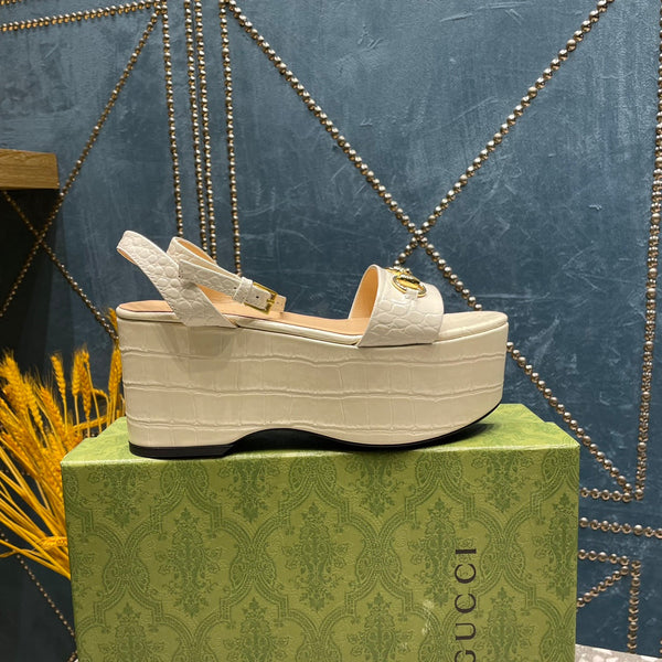 GG HORSEBIT FLATFORM SANDAL GLOSSY WHITE CALFSKIN