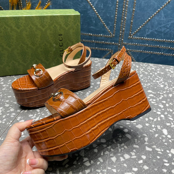 GG HORSEBIT FLATFORM SANDAL CARAMEL CALFSKIN