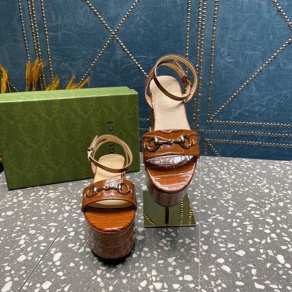 GG HORSEBIT FLATFORM SANDAL CARAMEL CALFSKIN