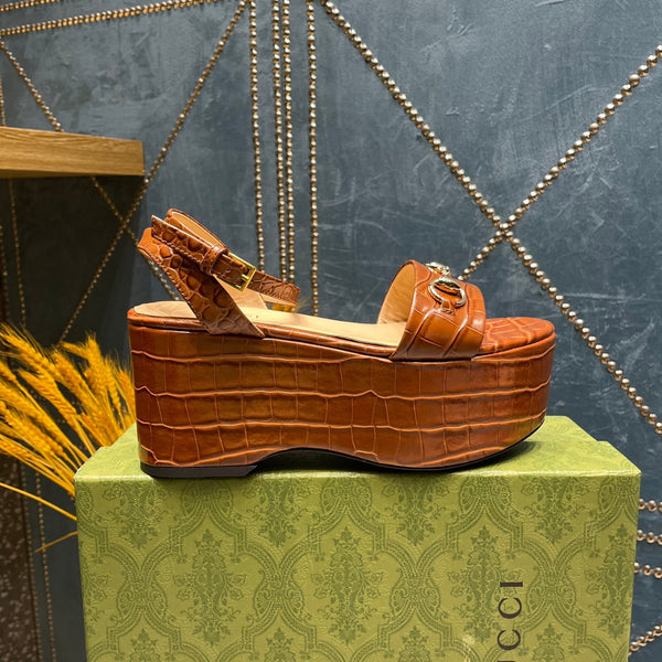 GG HORSEBIT FLATFORM SANDAL CARAMEL CALFSKIN