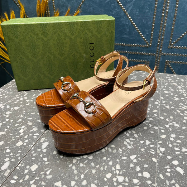 GG HORSEBIT FLATFORM SANDAL CARAMEL CALFSKIN