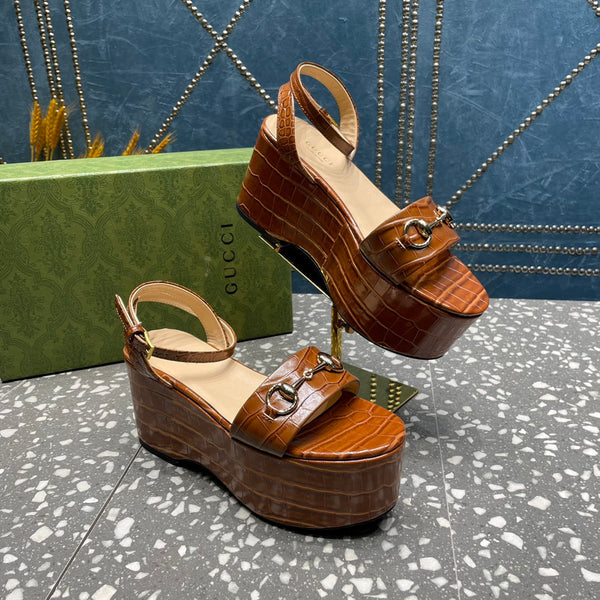 GG HORSEBIT FLATFORM SANDAL CARAMEL CALFSKIN