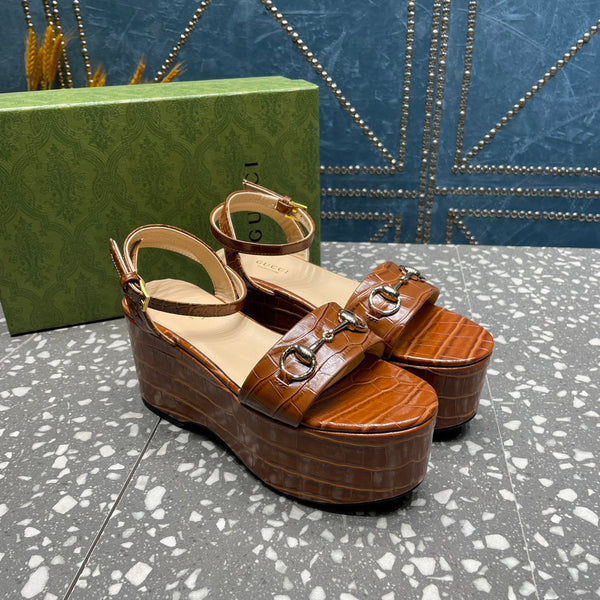 GG HORSEBIT FLATFORM SANDAL CARAMEL CALFSKIN