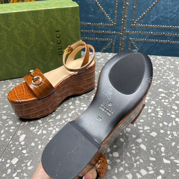GG HORSEBIT FLATFORM SANDAL CARAMEL CALFSKIN