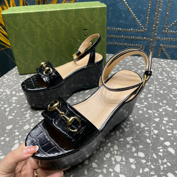 GG HORSEBIT FLATFORM SANDAL GLOSSY BLACK CALFSKIN