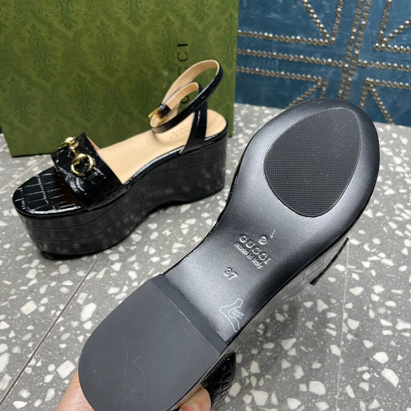 GG HORSEBIT FLATFORM SANDAL GLOSSY BLACK CALFSKIN