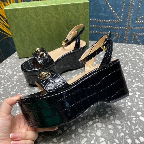 GG HORSEBIT FLATFORM SANDAL GLOSSY BLACK CALFSKIN