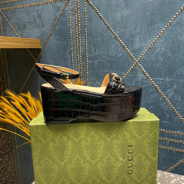 GG HORSEBIT FLATFORM SANDAL GLOSSY BLACK CALFSKIN