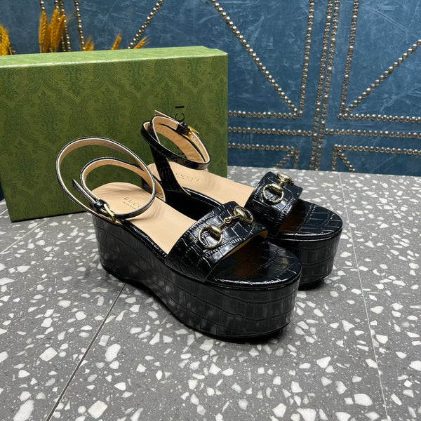 GG HORSEBIT FLATFORM SANDAL GLOSSY BLACK CALFSKIN
