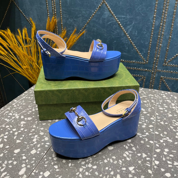 GG HORSEBIT FLATFORM SANDAL COBALT CALFSKIN