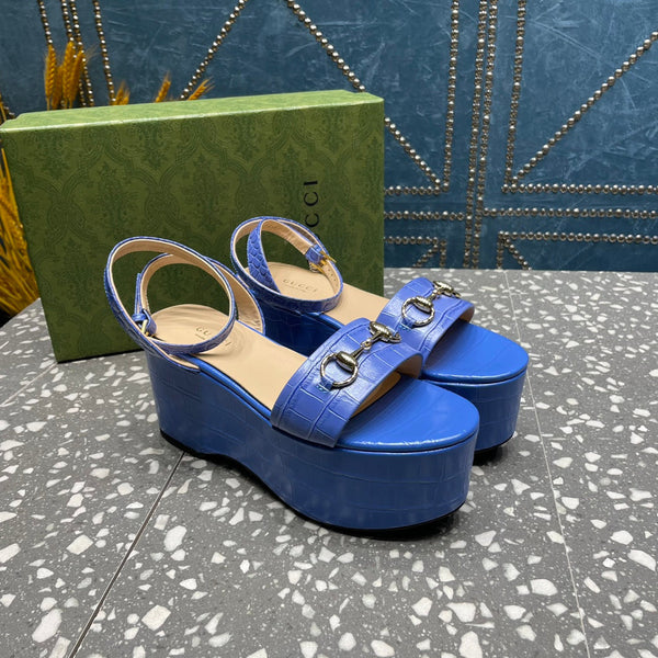 GG HORSEBIT FLATFORM SANDAL COBALT CALFSKIN