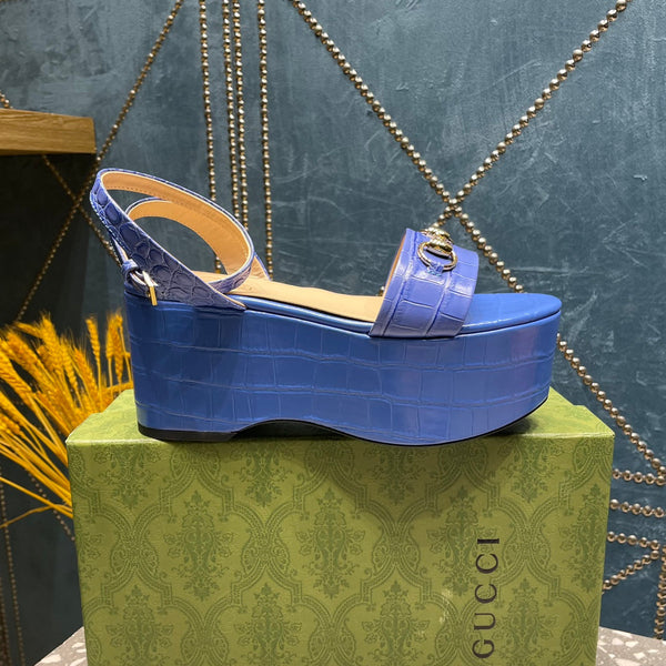 GG HORSEBIT FLATFORM SANDAL COBALT CALFSKIN