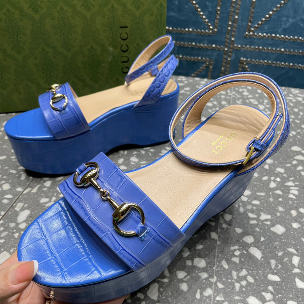 GG HORSEBIT FLATFORM SANDAL COBALT CALFSKIN