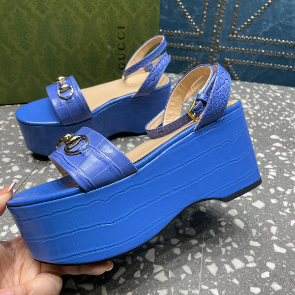 GG HORSEBIT FLATFORM SANDAL COBALT CALFSKIN