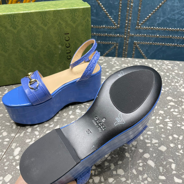 GG HORSEBIT FLATFORM SANDAL COBALT CALFSKIN