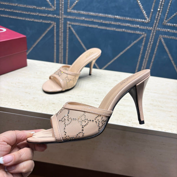 GG Women's Crystal Slide 8.5cm Sandal Beige Mesh Leather 741295
