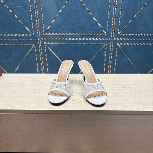 GG Women's Crystal Slide 8.5cm Sandal White Mesh Leather 741298