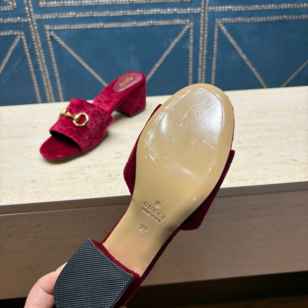 GG 26ss Sandales à Talon Carré 55 Velours Bordeaux 741301