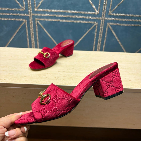 GG 26ss Sandales à Talon Carré 55 Velours Bordeaux 741301