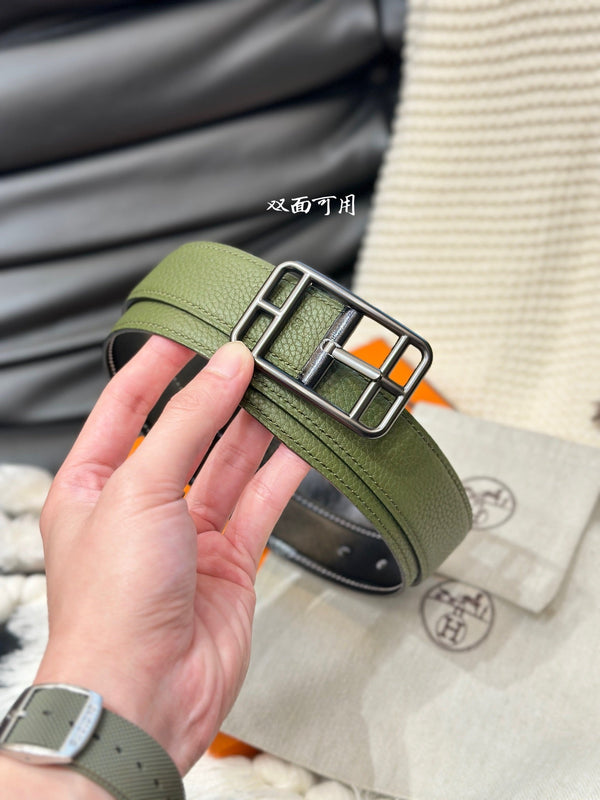 CINTURA REVERSIBILE HM-CAPE COD 32MM IN PELLE VERDE OLIVA E NERA CON FERRAMENTA NERA