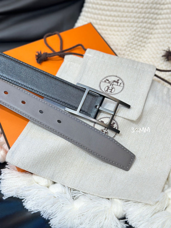 CINTURA REVERSIBILE HM QUENTIN 32MM IN PELLE NERA E MARRONE KAKI, FERRAMENTA NERA