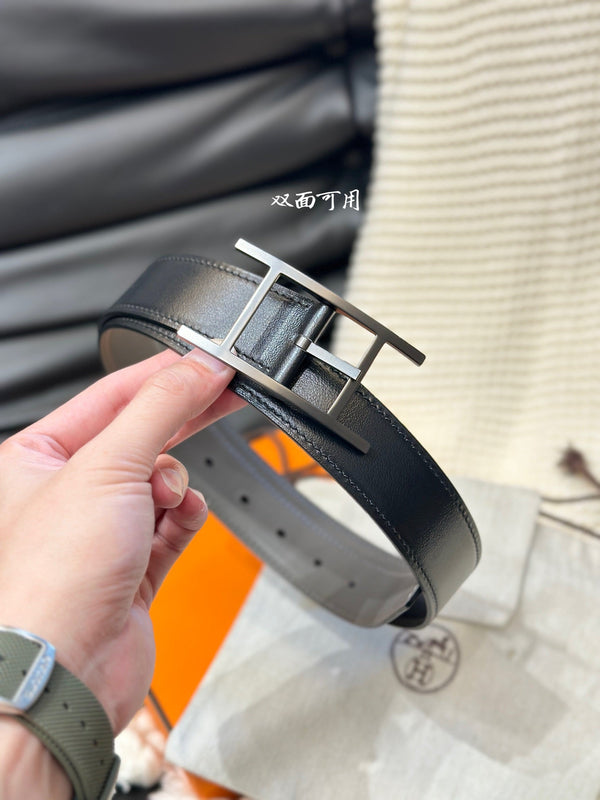 CINTURA REVERSIBILE HM QUENTIN 32MM IN PELLE NERA E MARRONE KAKI, FERRAMENTA NERA