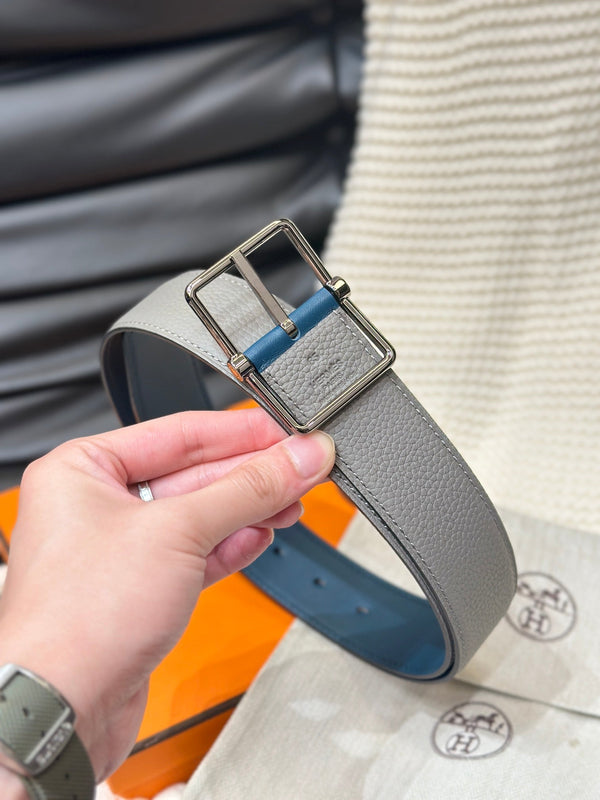 CINTURA REVERSIBILE HM HADRIEN 38MM IN PELLE GRIGIA E BLU EGEO CON FIBBIA IN ARGENTO