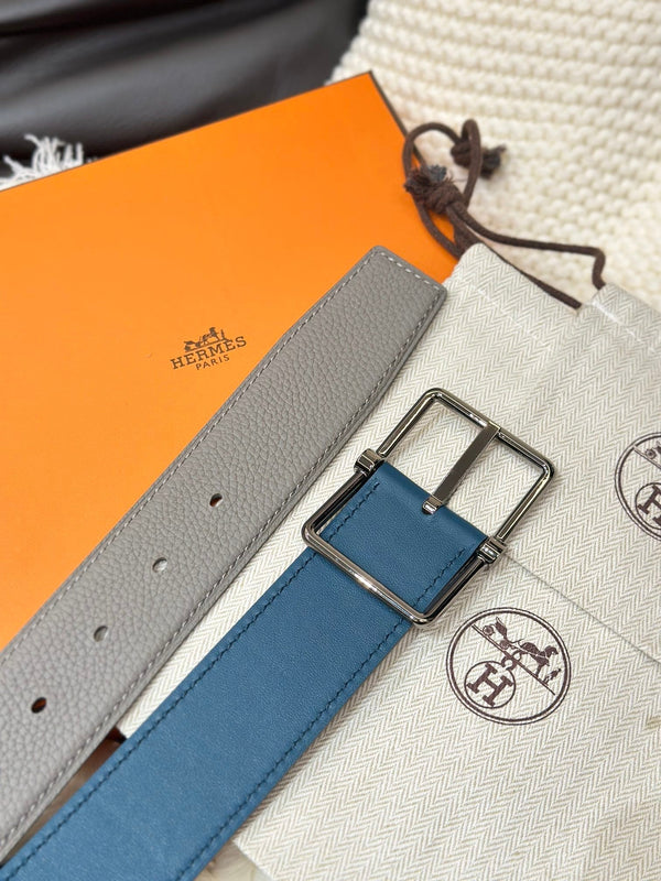 CINTURA REVERSIBILE HM HADRIEN 38MM IN PELLE GRIGIA E BLU EGEO CON FIBBIA IN ARGENTO