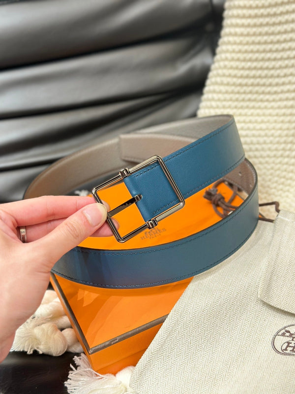 CINTURA REVERSIBILE HM HADRIEN 38MM IN PELLE GRIGIA E BLU EGEO CON FIBBIA IN ARGENTO