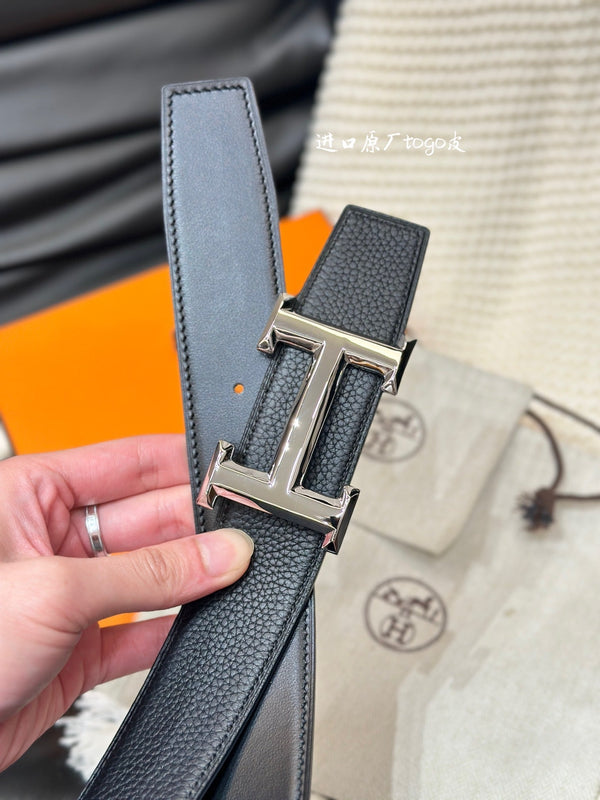 CINTURA HM 5382 CON FIBBIA ARGENTO E CINTURINO REVERSIBILE IN PELLE NERA 38 MM