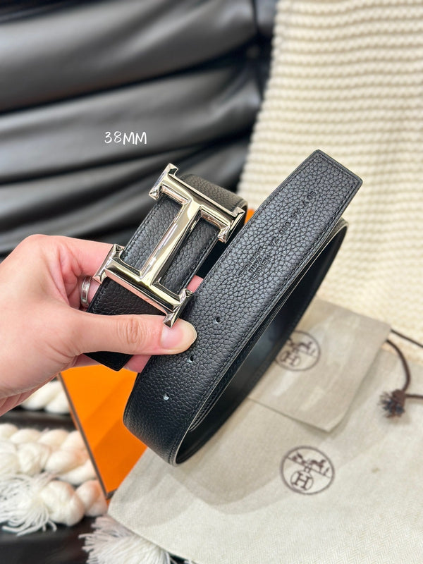 CINTURA HM 5382 CON FIBBIA ARGENTO E CINTURINO REVERSIBILE IN PELLE NERA 38 MM