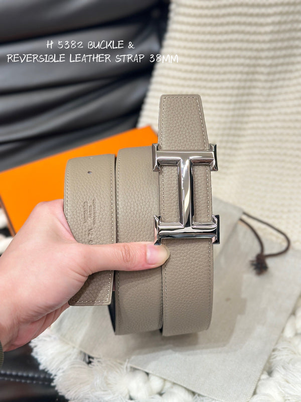 CINTURA HM 5382 CON FIBBIA ARGENTO E CINTURINO REVERSIBILE IN PELLE MARRONE CAMMELLO 38 MM