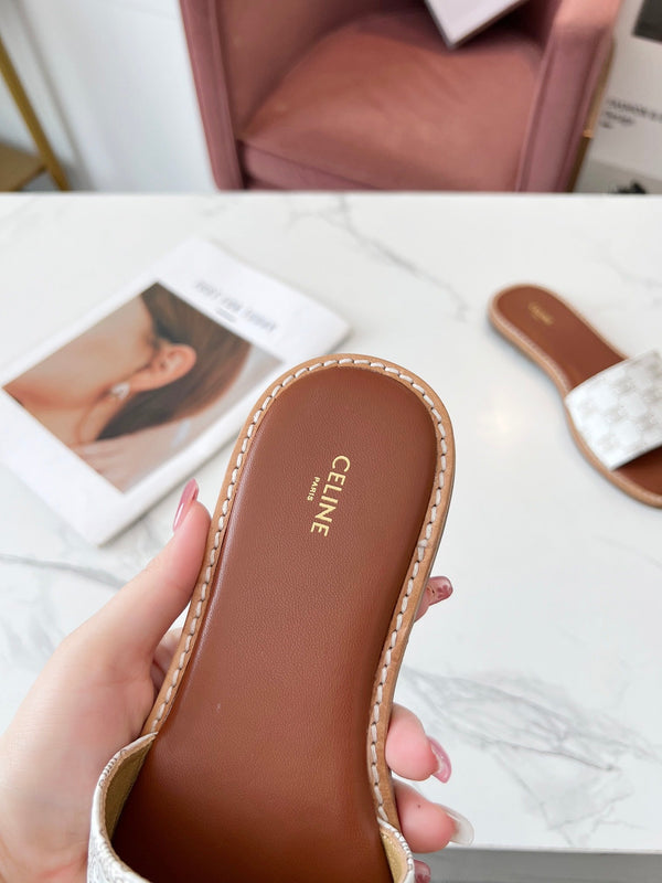 Celine 25C Slippers White Monagram Silk with Calfskin 238145