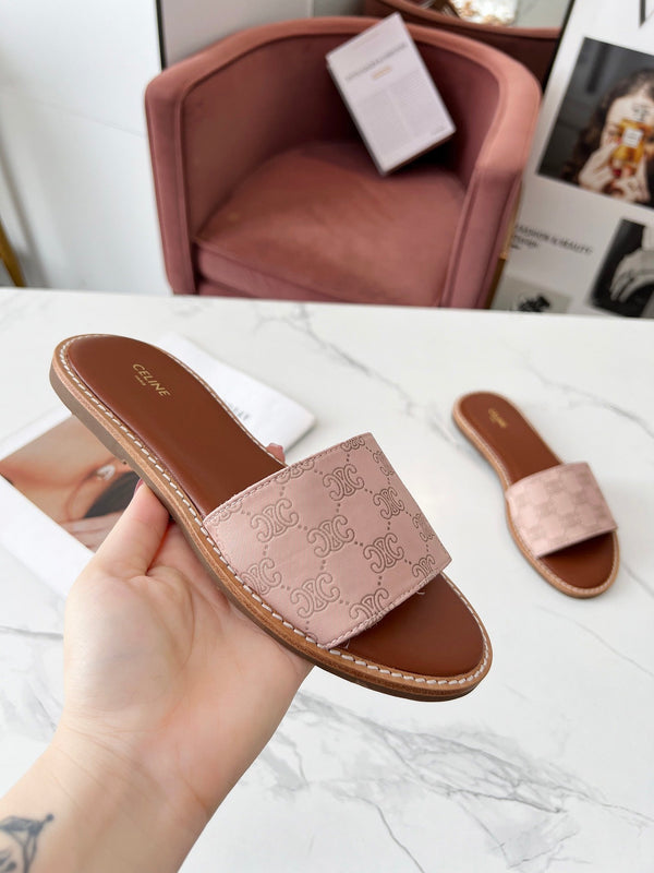 Celine 25C Slippers Pink Pastel Monagram Silk with Calfskin 238146