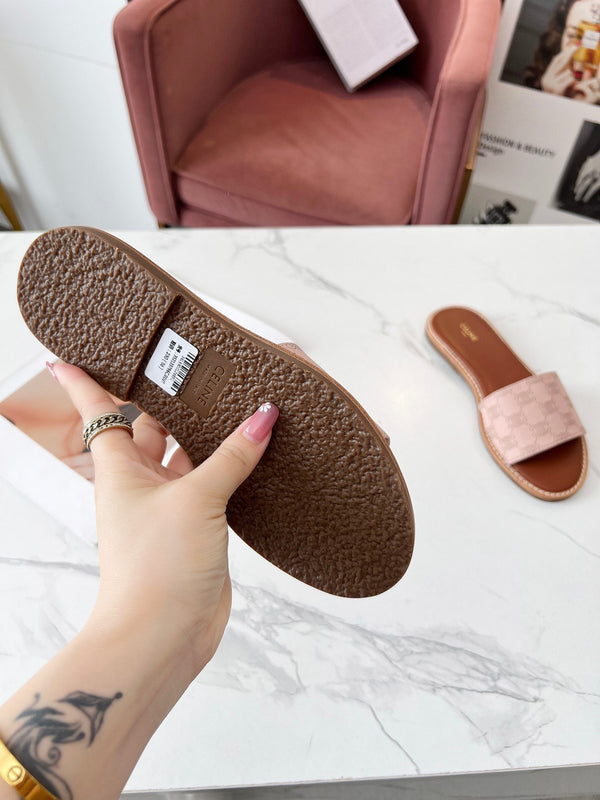 Celine 25C Slippers Pink Pastel Monagram Silk with Calfskin 238146