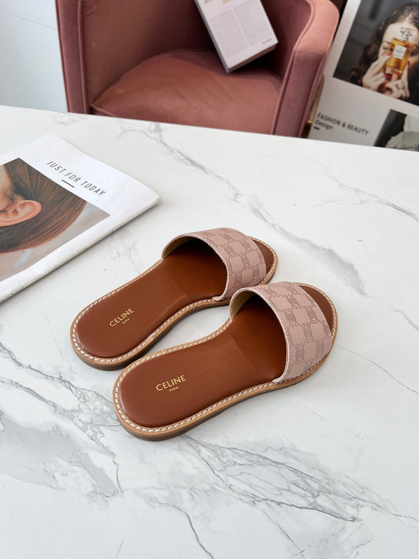 Celine 25C Slippers Pink Pastel Monagram Silk with Calfskin 238146