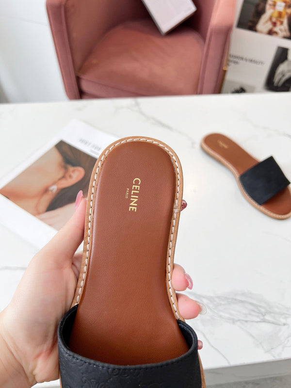 Celine 25C Slippers Black Monagram Silk with Calfskin 238147