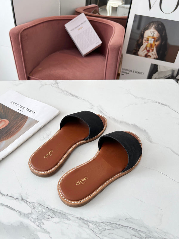 Celine 25C Slippers Black Monagram Silk with Calfskin 238147