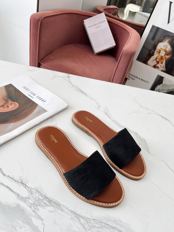 Celine 25C Slippers Black Monagram Silk with Calfskin 238147