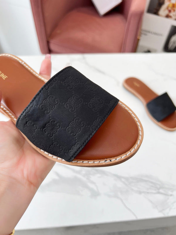 Celine 25C Slippers Black Monagram Silk with Calfskin 238147