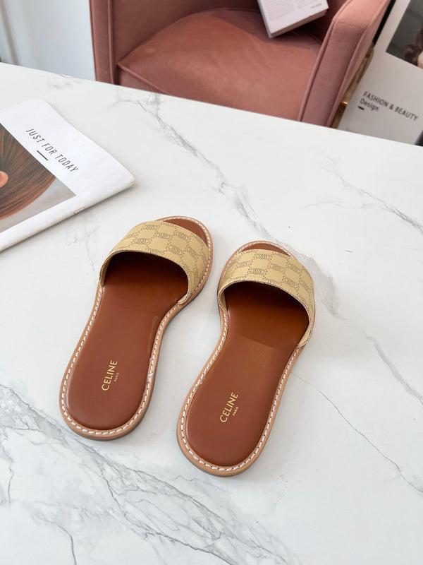 Celine 25C Slippers Egg Nog Monagram Silk with Calfskin 238148