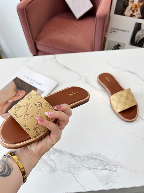Celine 25C Slippers Egg Nog Monagram Silk with Calfskin 238148