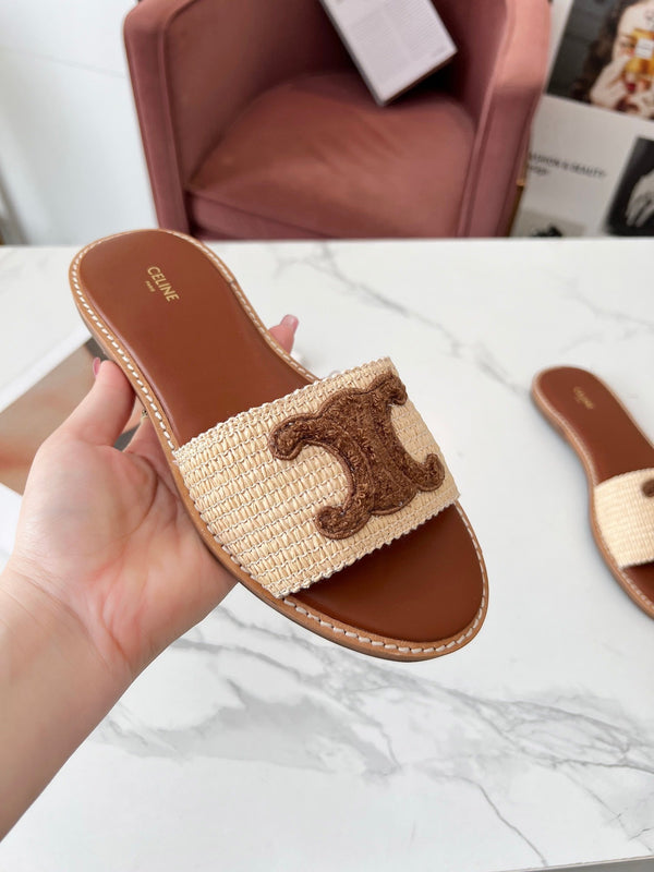 Celine 25C Slippers Beige mix Coffee Fabric with Calfskin 238149