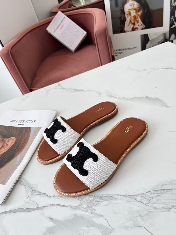 Celine 25C Slippers White mix Black Fabric with Calfskin 238150