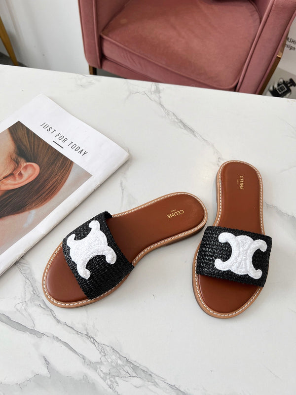Celine 25C Slippers Black mix White Fabric with Calfskin 238151
