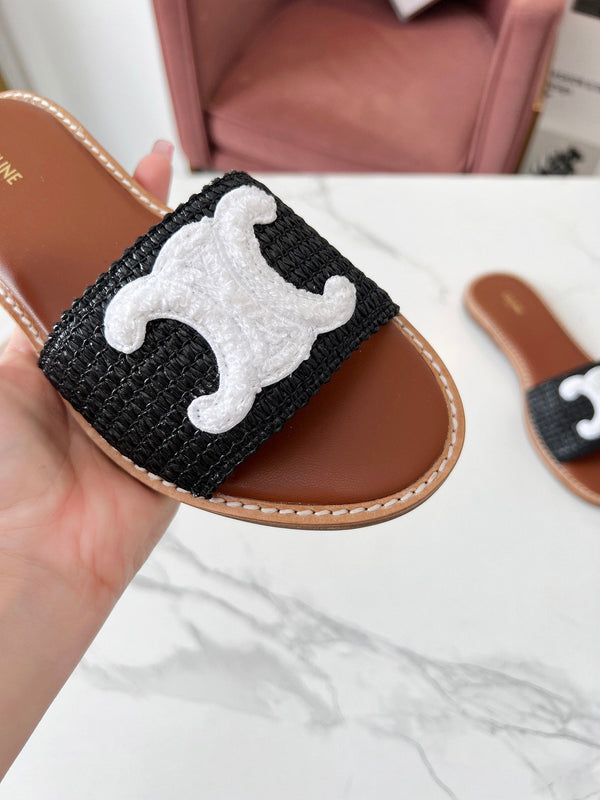 Celine 25C Slippers Black mix White Fabric with Calfskin 238151