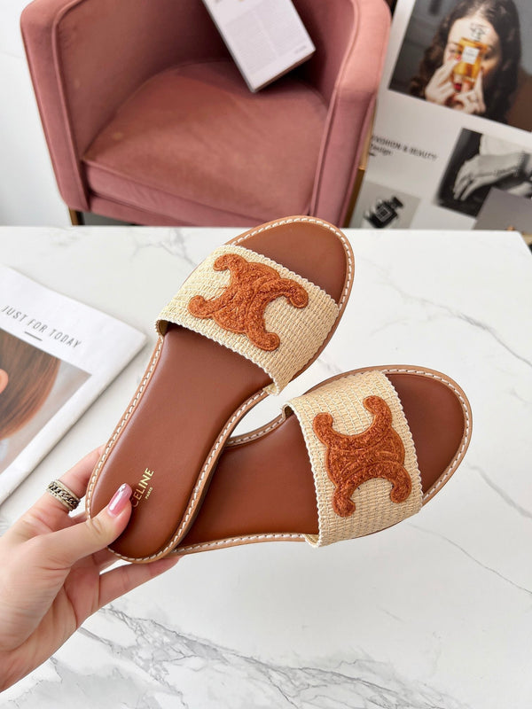 Celine 25C Slippers Beige mix Brown Fabric with Calfskin 238152
